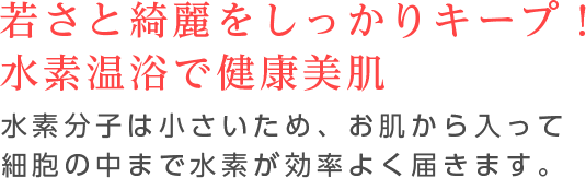 若さと綺麗をしっかりキープ!水素温浴で健康美肌 水素分子は小さいため、お肌から入って細胞の中まで水素が効率よく届きます。