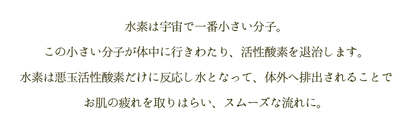 水素は宇宙で一番小さい分子。この小さい分子が体中に行きわたり、活性酸素を退治します。水素は悪玉活性酸素だけに反応し水となって、体外へ排出されることでお肌の疲れを取りはらい、スムーズな流れに。